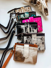 Load image into Gallery viewer, Dakota Wristlet Wallet - Western Cowhide Leather Credit Card: 19 - LEOPARD + RAINBOW SPECS